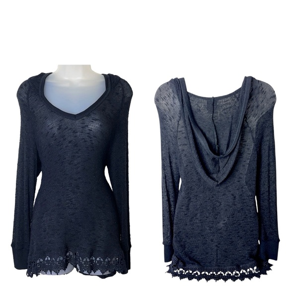 Y2K Bobeau Crochet Embroidered Cutout Lace Hem Knit Hooded Top Black M Goth Cozy - Picture 14 of 14
